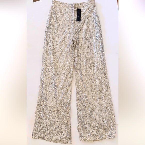 Lulus Sparkly Session Beige Sequin High Rise Wide-LegTrouser Pants, Size M, NWT - Picture 7 of 16